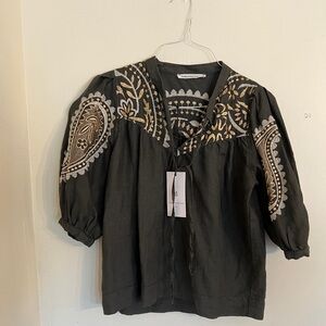 NWT SZ S Greek Archaic Kori embroidered linen deep olive blouse